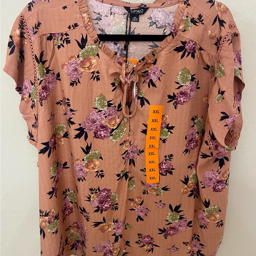 Buffalo David Bitton Pink Cap Sleeve Blouse with Tie Front